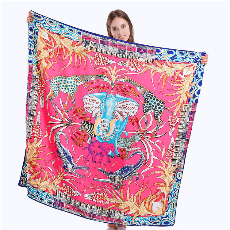 New Twill Silk Scarf Women Animal kingdom Print Square Scarves Fashion Wrap Female Foulard Large Hijab Shawl Neckerchief Beach Towel 130*130CM