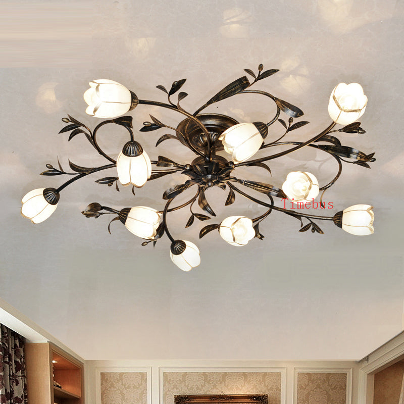 European pastoral glass ceiling lights village bedroom household ceiling lamps classical Tradition iron lantern modern hotel villa living room resta