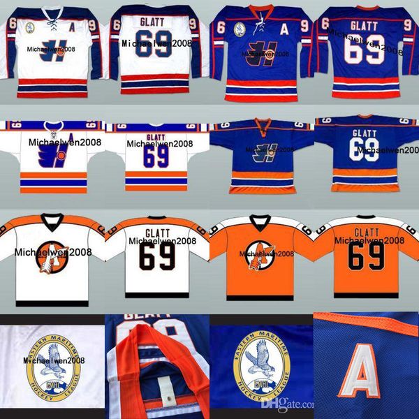 Goon Custom 69 Doug The Thug Glatt Jersey Blue White Glatt Halifax Highlanders Goon Custom Movie Hockey Jerseys Stitched