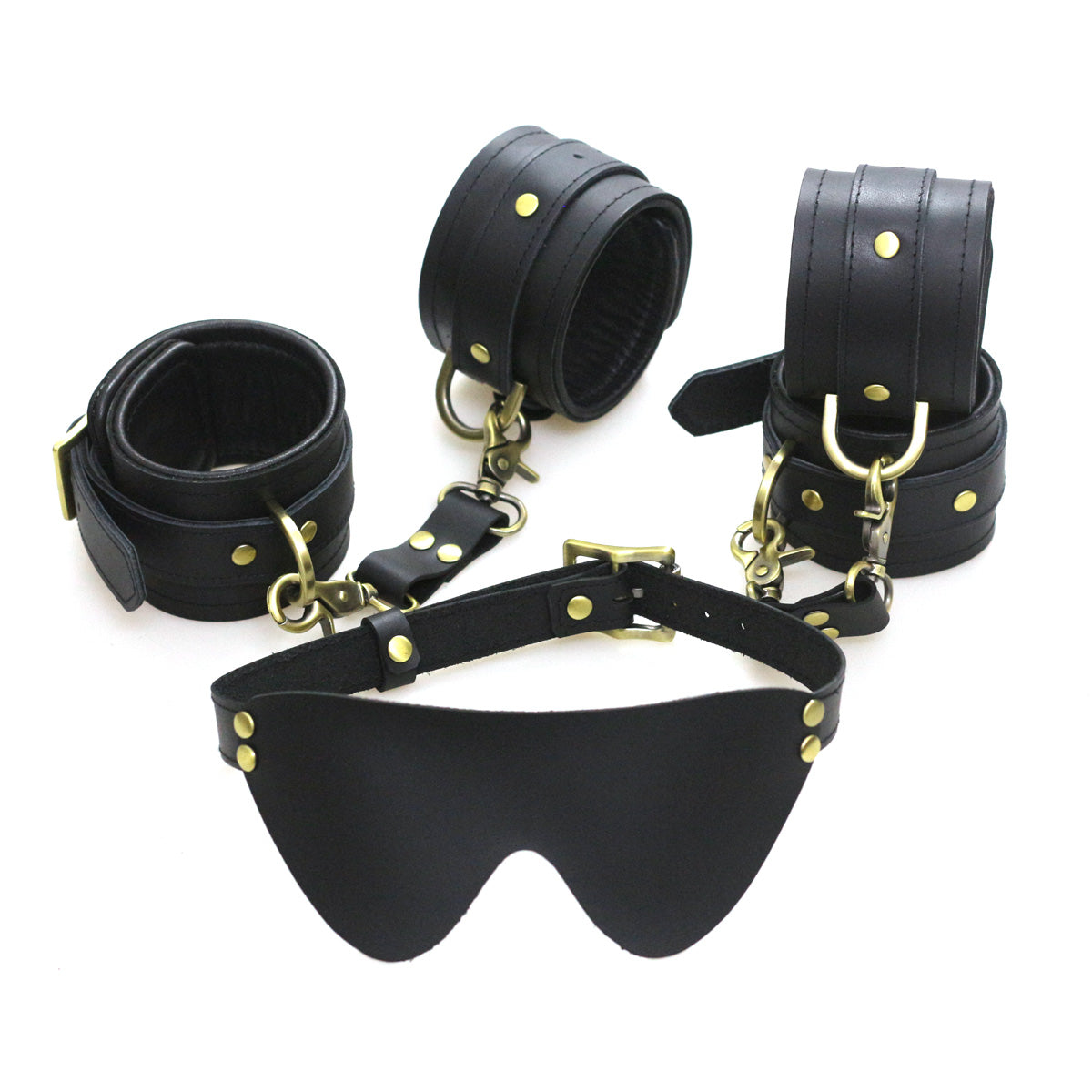 Black leather adult games couple bondage bed restraints kit cuffed bondage for adult handcuffs ankle cuffs hogtie blindfold