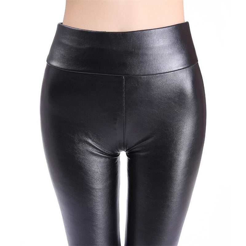 Russia Women PU Leather Pants Elastic High Waist slim Plus velvet warm black bright synthetic Trousers Skinny Pants Leggings