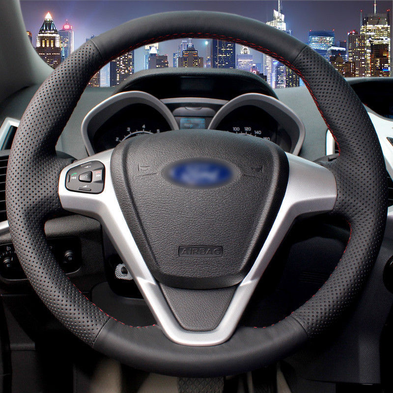DIY For Ford Fiesta 2008-2013 Black Leather Hand-stitched Car Steering Wheel Cover
