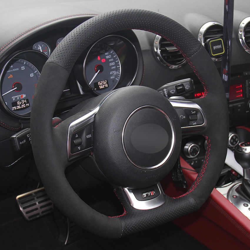 Black Genuine Leather Black Suede Car Steering Wheel Cover for Audi TT 2008-13