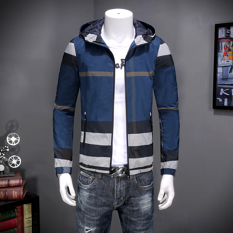 2022 men&#039;s new shirt printing spring and autumn trend thin plaid jacket hooded Korean version slim zipper jacket baseball uniform