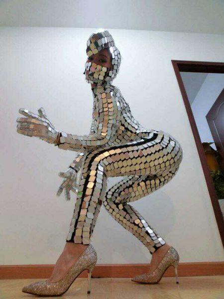 Ds Dress Sparkly Silver Sequins Women Jumpsuit Gloves Nightclub Dance Wear Full Mirror Leggings Prom Celebrate Outfit Performance Clothes