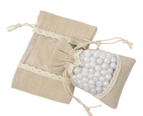200pcs-lot 10x14cm Lace Jute Burlap Bag With Transparent PVC Window Jewellery beads Drawstring Pouch Wedding gift bags