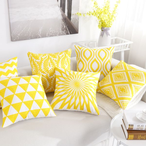 Yellow Geometry Embroidered Pillowcase for Sofa Top Finely Durable Decorative Pillow Covers Square Pillows Covers BH18052