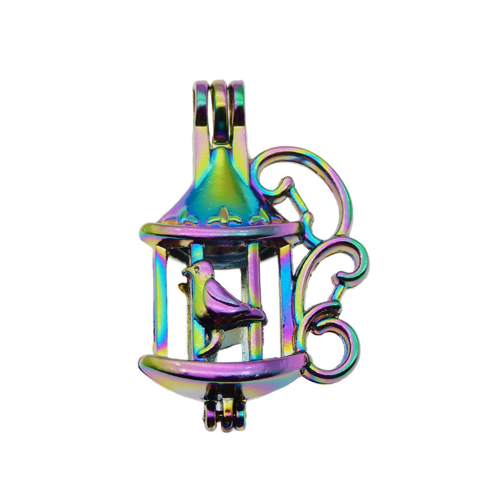 10pcs Rainbow Color Fun bird cage Pearl Cage Beads CageLocket Pendant Essential Oil Diffuser DIY Jewelry Locket For OysterPearls