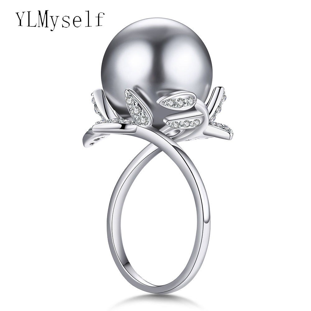 Fantastic Leaf ring with big Grey Pearl Trendy White jewellery dropshipping anel anillos aneis female jewelry rings