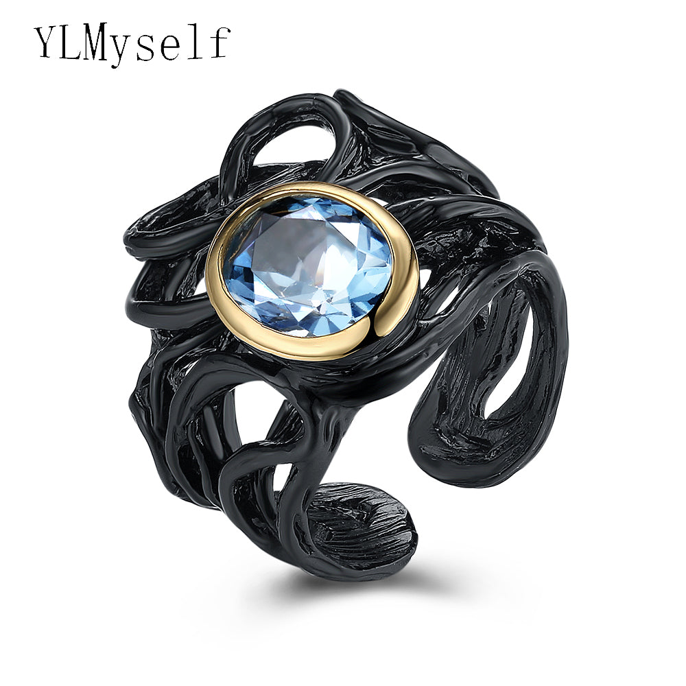 New Big oval blue crystal ring Fashion black Jewelry bague aneis anel women finger ring trend jewellery