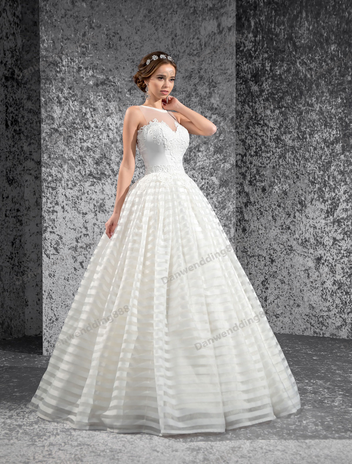Grace Ivory Stripe Organza Applique A-Line Wedding Dresses Bridal Pageant Dresses Wedding Attire Dresses Custom Size 2-16 ZW608056