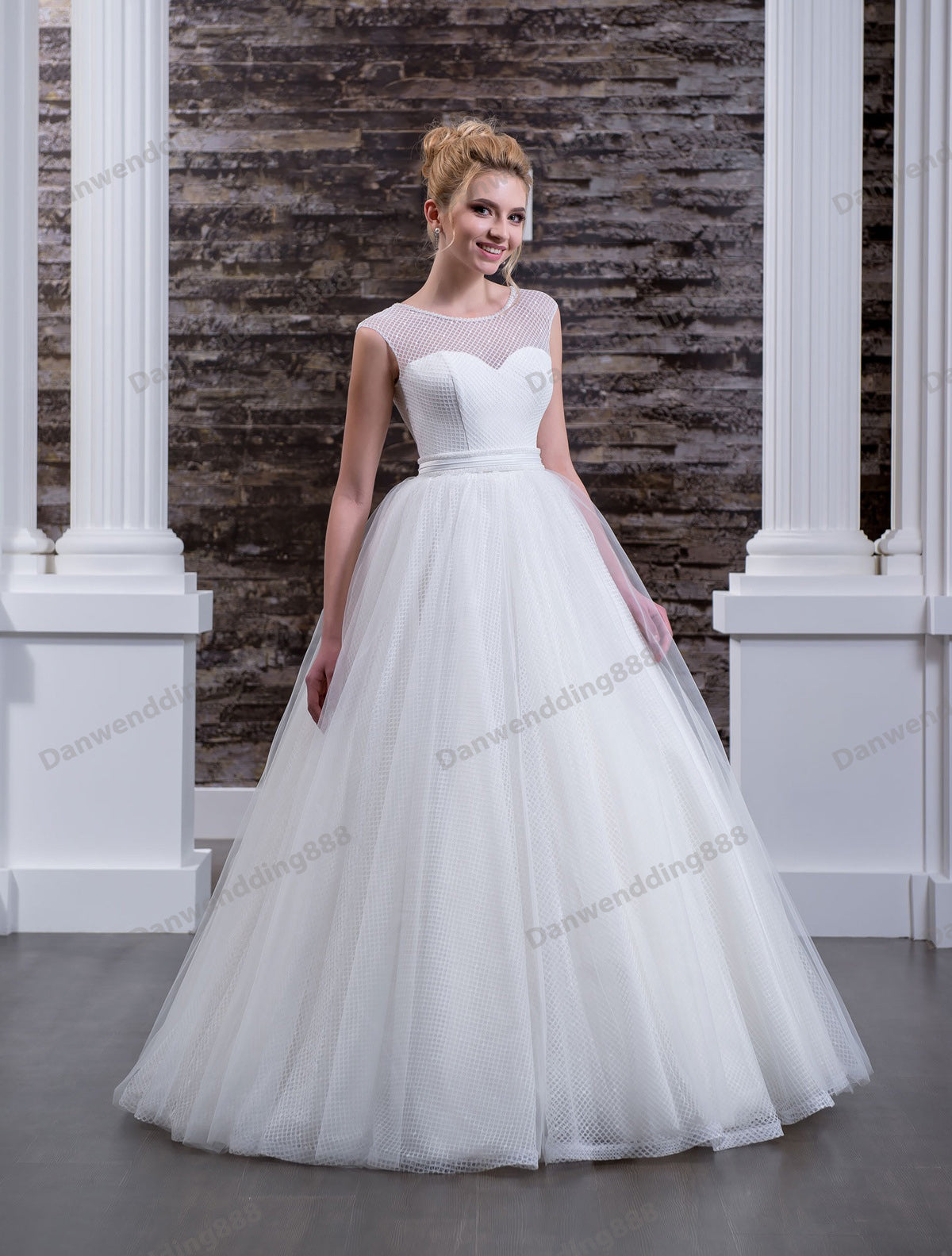 Charming White Grid Tulle Scoop Beads A-Line Wedding Dresses Bridal Pageant Dresses Wedding Attire Dresses Custom Size 2-16 ZW610096