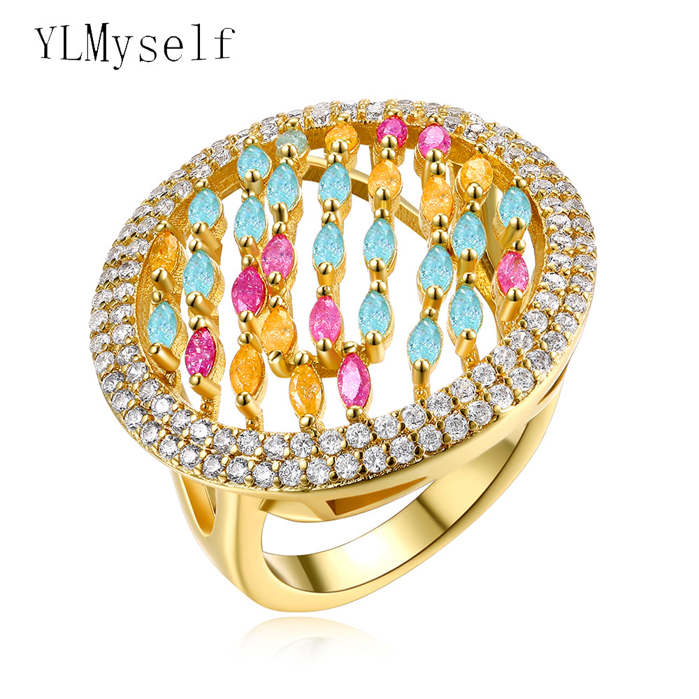 Bright colors crystal ring big round design gold plate candy colorful cubic Zirconia female jewelry finger rings