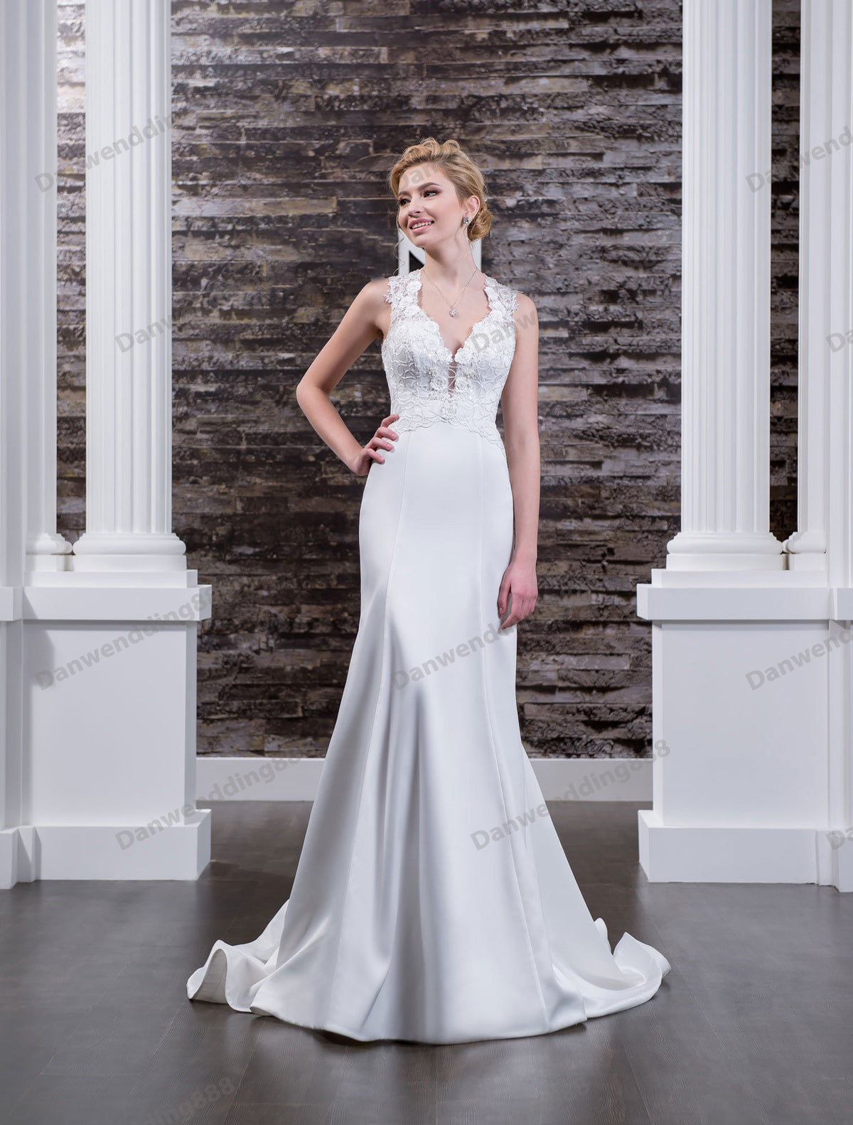 Grace White Satin V-Neck Applique Mermaid Wedding Dresses Bridal Pageant Dresses Wedding Attire Dresses Custom Size 2-16 ZW612178