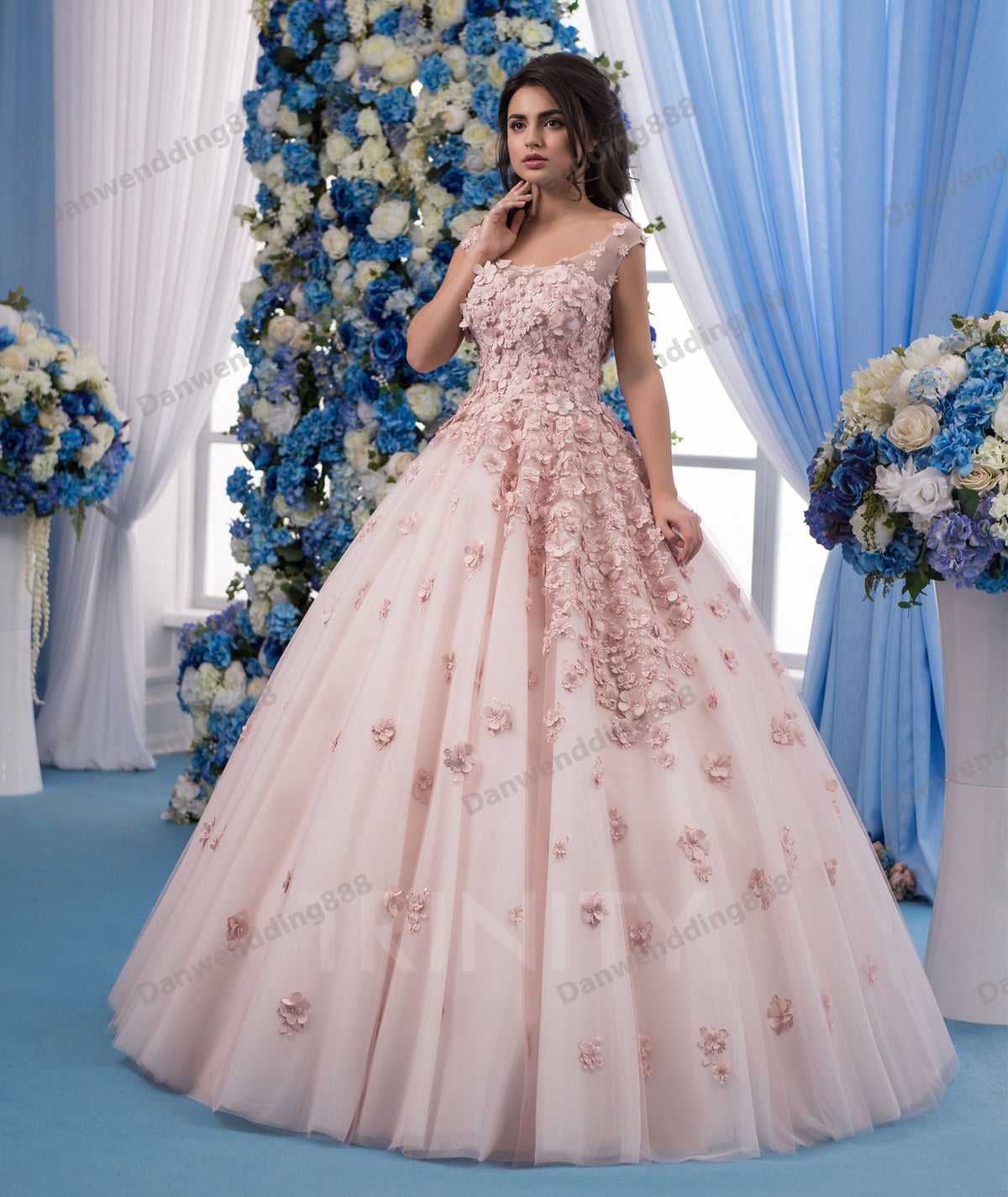 Beauty Pink Scoop Flowers Applique Ball Gown Wedding Dresses Bridal Pageant Dresses Wedding Attire Dresses Custom Size 2-16 ZW619245