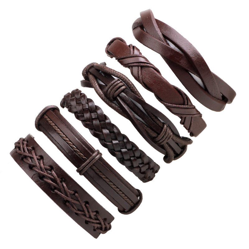 6pcs-set Multilayer Weave Leather Bracelets Set for Women Men Friend Gift Vintage Punk Style Wristlet Bracelet Brown Knitting Adjustable