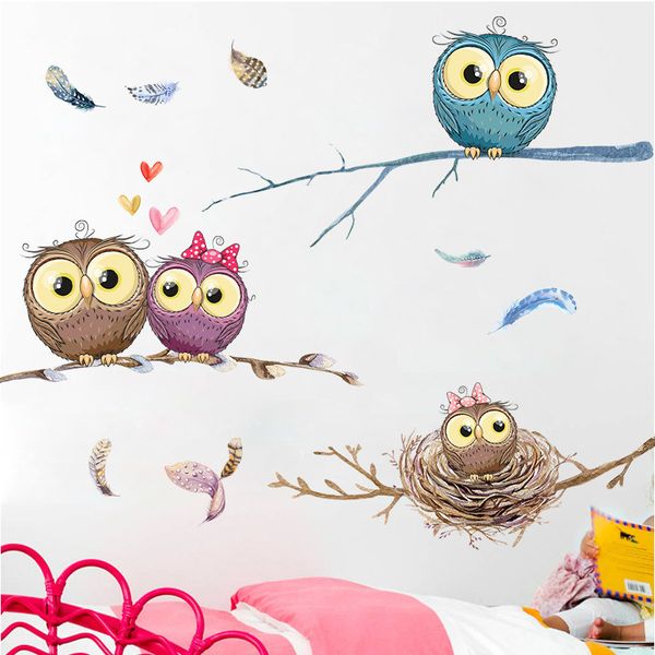 Cartoon owl baby on the tree wall sticker home decor DIY bedroom children room background Mural art Decals car