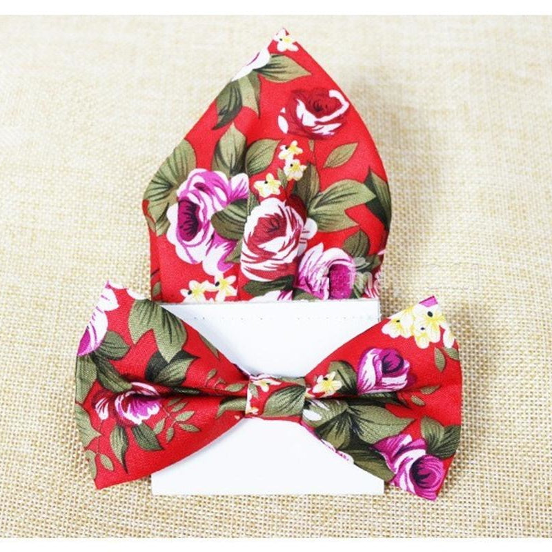 cotton Bow tie set floral insert paper pocket square hanky classic tie and handkerchief bowknot wedding handki accessory