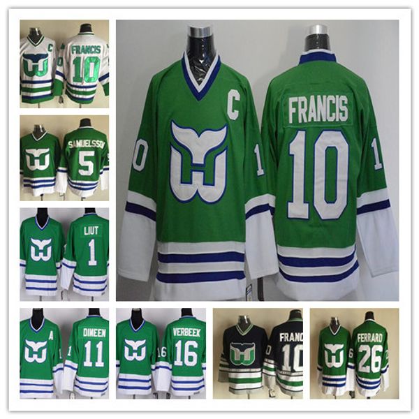 Vintage Hartford Whalers Hockey Jersey Stitched Black Green White Ron Francis 10 Samuelsson 5 Ferraro 26 Dineen 11 Liut 1 Polyester Breathab