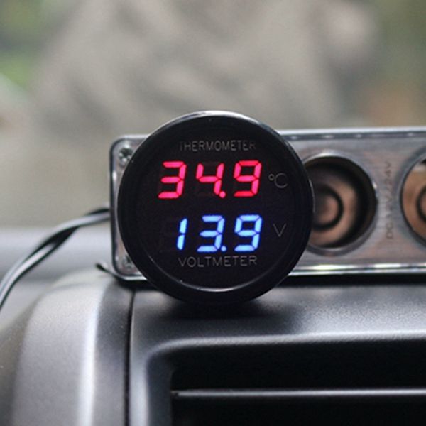 2 In 1 DC 12V 24V Digital Car Voltmeter Thermometer Temperature Meter Battery Monitor Red Blue Led Dual Display