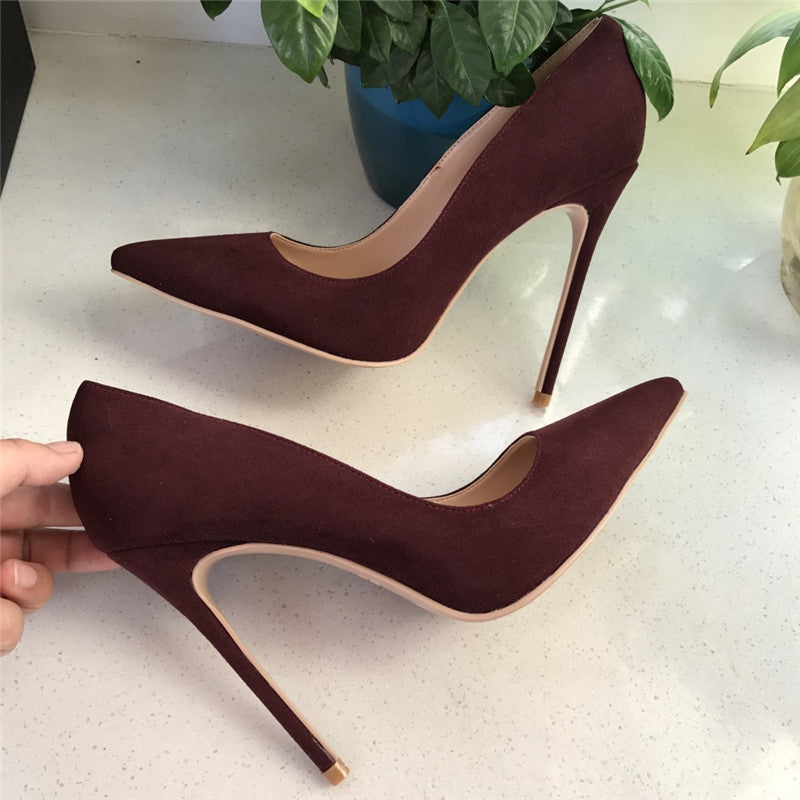 Free Shipping women lady woman 2019 Burgundy Red wine suede leather Poined Toes Wedding heels Stiletto High Heels shoes pumps 12cm 120mm