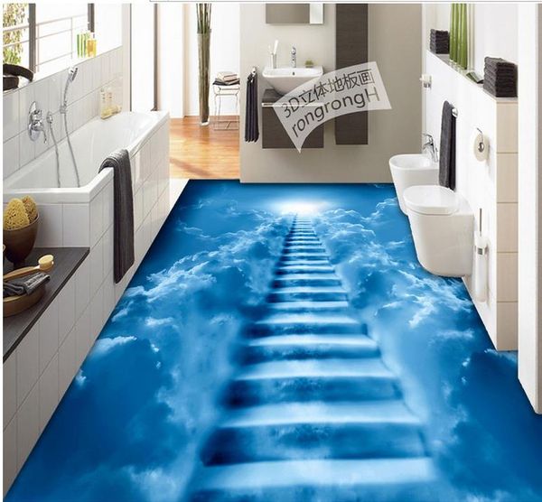Custom 3D Floor Mural Wallpaper Cloud ladder Bathroom 3D Floor Mural PVC Waterproof Self-adhesive Vinyl Wallpaper Home Decor