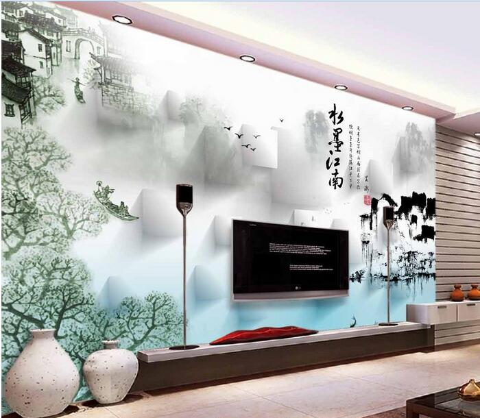 3d wallpaper custom photo Chinese light color landscape ink Jiangnan tv background wall living room 3d wall muals wall paper for walls 3 d
