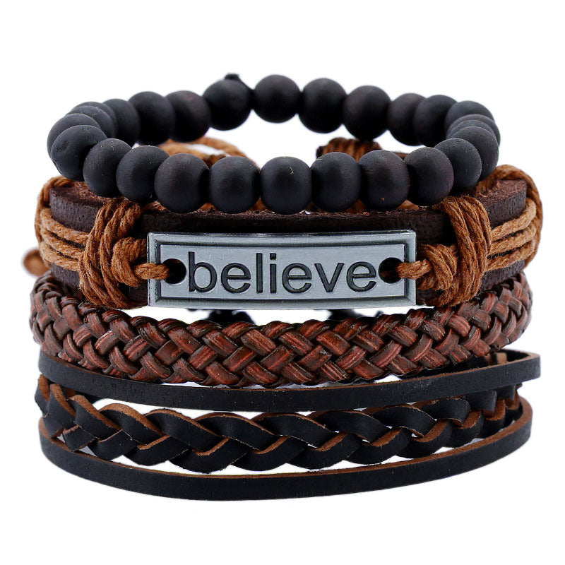 4pcs-set Multilayer Weave Leather Bracelets Set for Women Men Gift Vintage Handmade Knitting Believe Punk Style Wristlet Bracelet Adjustable
