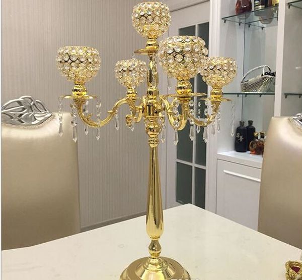 Metal Gold Candle Holders 5-arm Crystal Candlestick Wedding Centerpieces Candelabra Stand for Marriage Decoration Dinning Table best00054