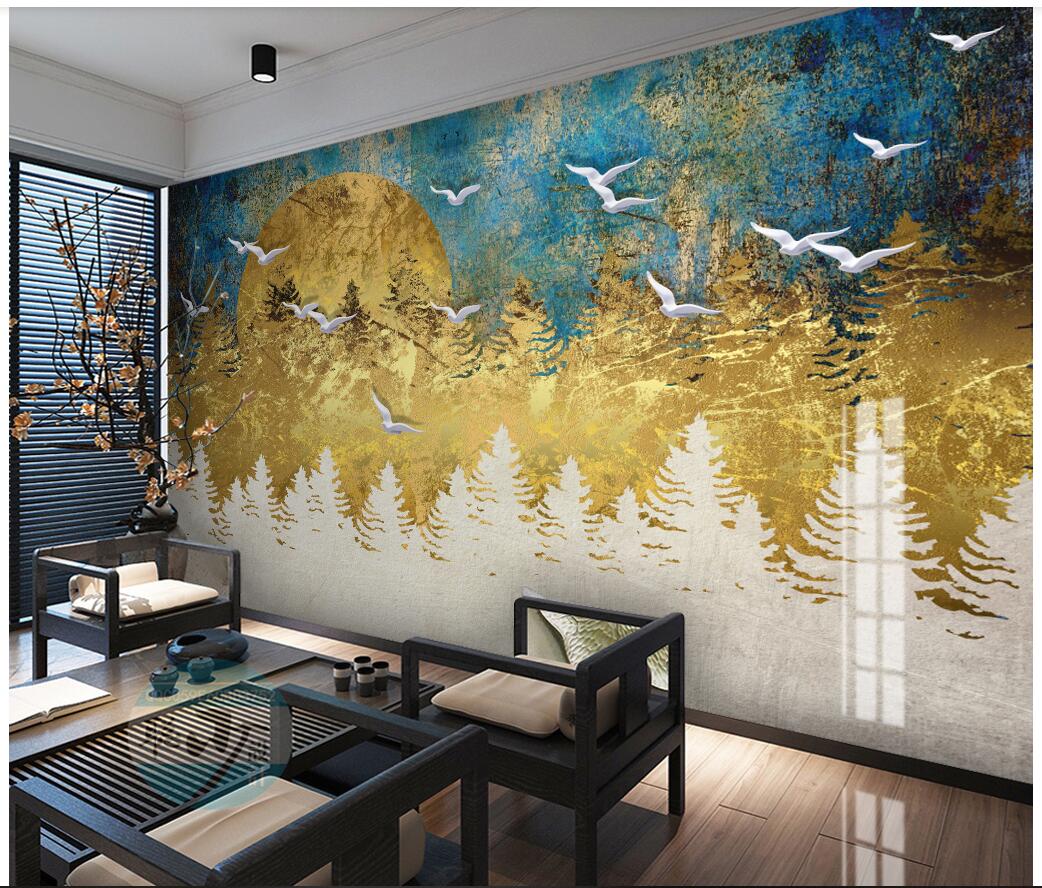 3d wallpaper custom photo New Chinese style abstract artistic conception golden pine forest flying birds muals wall paper for walls 3 d