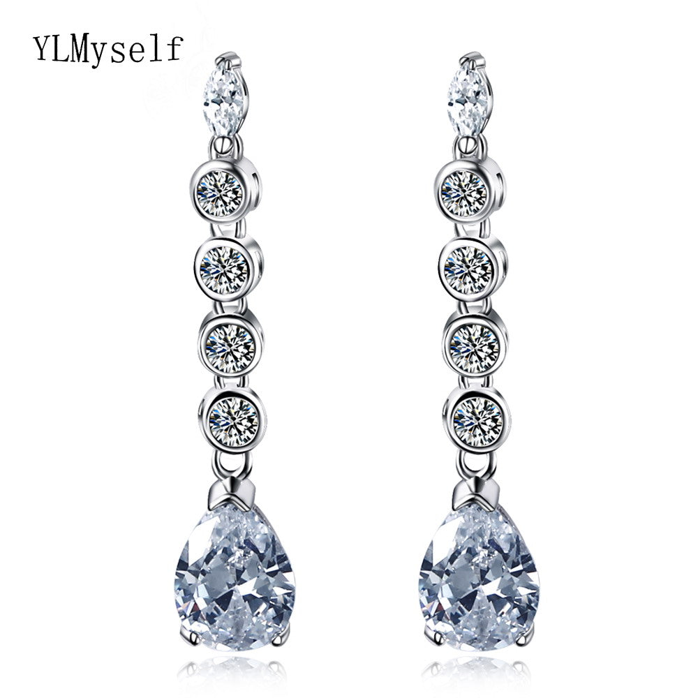 New Sterling silver beautiful earrings elegant big crystal statement jewelry women jewellery long 925 drop earring