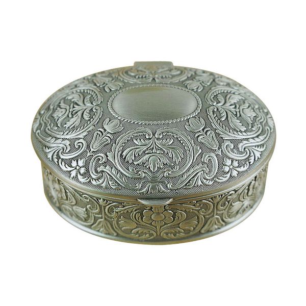 Antique Silver Oval Shape Jewelry Box Decor with Engraving Leaves Retro Petwer Alloy Trinket Jewellery Storage Case Wedding Keepsake Gift