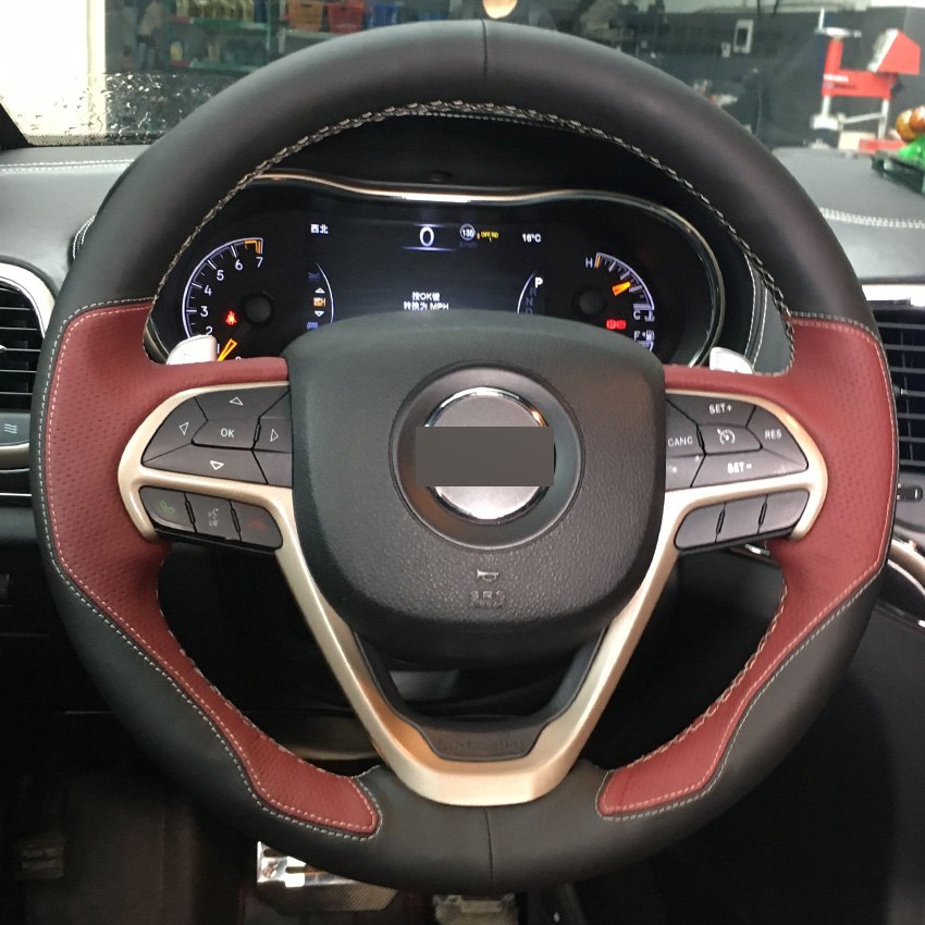 Wine Red Black Leather DIY Hand-stitched Car Steering Wheel Cover for Jeep Grand Cherokee 2014-2016