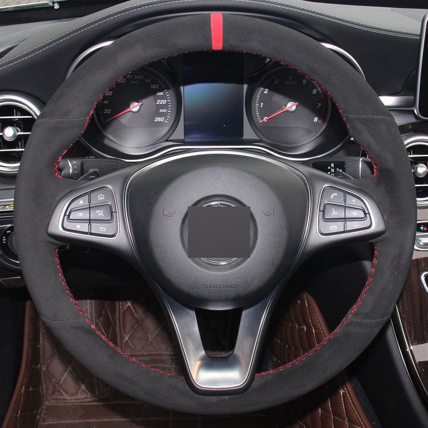 Black Suede DIY Hand-stitched Car Steering Wheel Cover for Mercedes-Benz C180 C200 C260 C300 B200