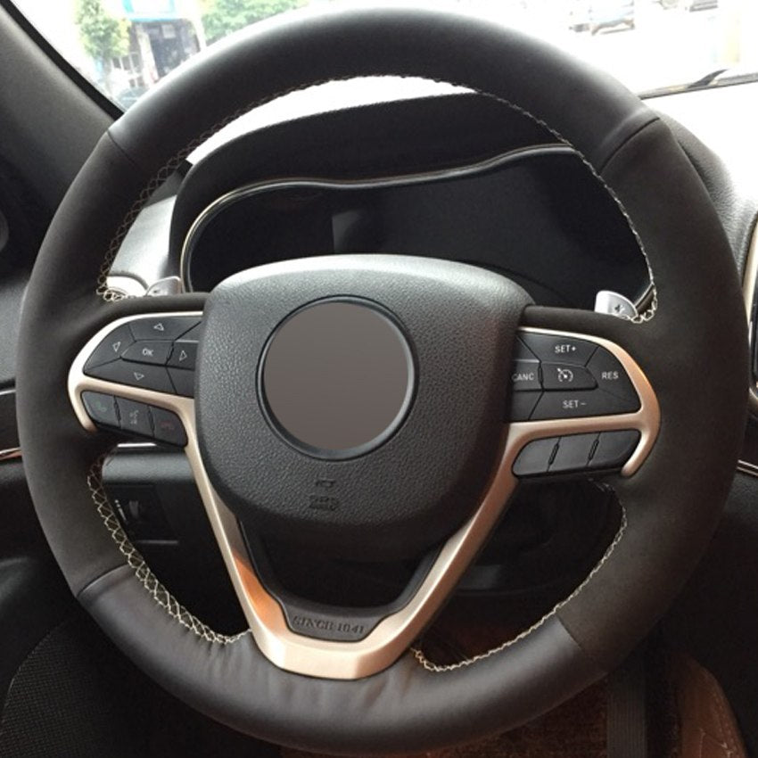 Black Genuine Leather Suede Hand-stitched Steering Wheel Cover for Jeep Grand Cherokee 2014-2016