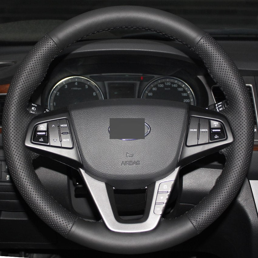 Black Leather DIY Hand-stitched Car Steering Wheel Cover for Hyundai Mistra 2013 2014