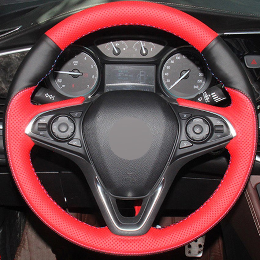 DIY Hand-stitched Black Red Genuine Leather Car Steering Wheel Cover for Buick Envision 2014-2017