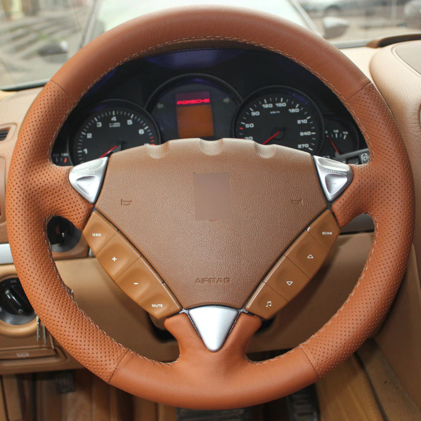Orange Genuine Leather Hand-stitched Car Steering Wheel Cover for Porsche Cayenne 2007-2010