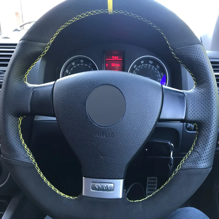 Black Suede Genuine Leather DIY Car Steering Wheel Cover for Volkswagen Golf 5 Mk5 GTI VW Golf 5 R32 Passat R GT 200