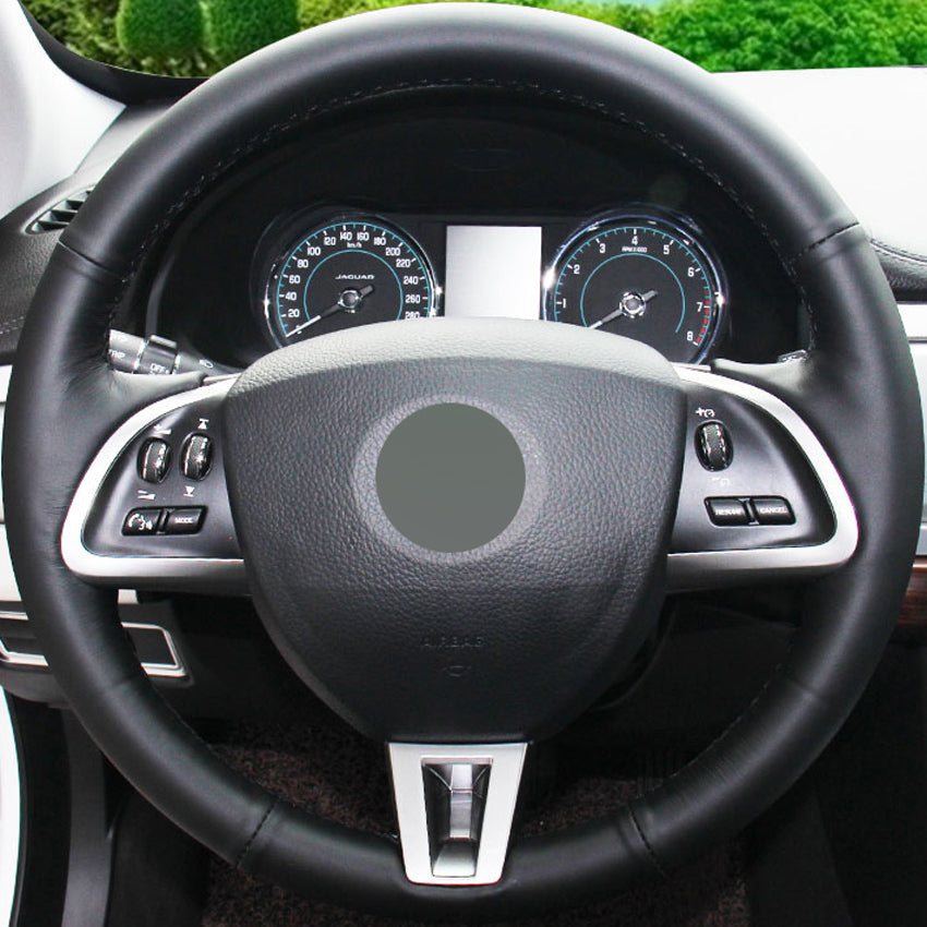 Black Genuine Leather DIY Hand-stitched Car Steering Wheel Cover for Jaguar XF XF S XF Sportbrake 2014 2015