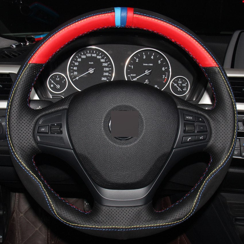 Red Black Leather Black Suede DIY Hand-stitched Car Steering Wheel Cover for BMW F30 316i 320i 328i