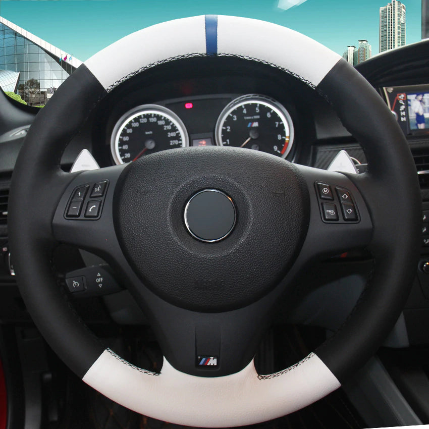 Black White Genuine Leather Hand-stitched Car Steering Wheel Cover for BMW M3 2009-2013