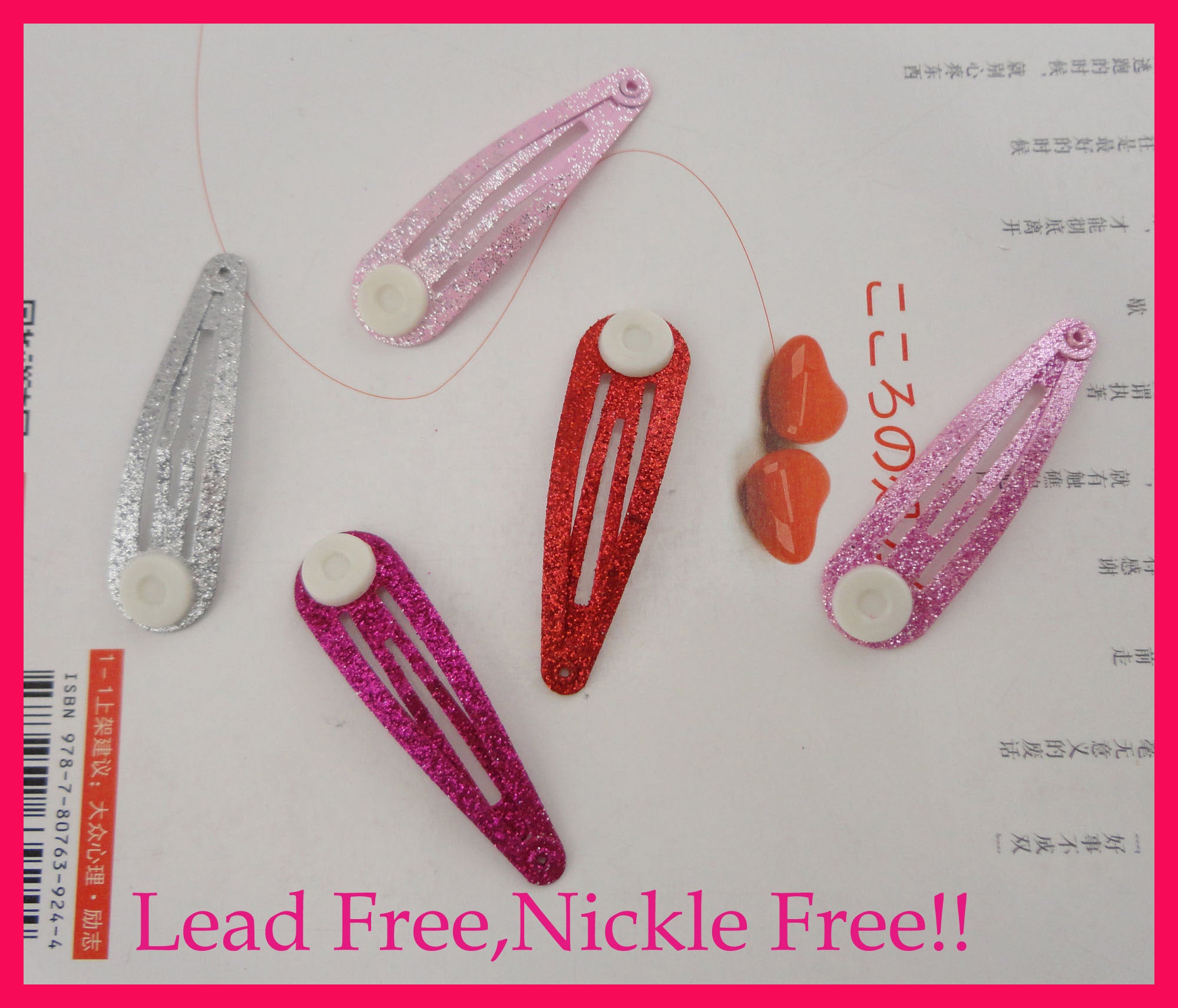 50PCS 5.0cm 2.0&quot; Assorted Colors Glitter Finish Metal Snap Clips hairpins with pads at nickle free lead free,Bling bling hair clips pins