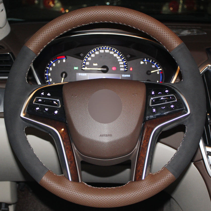 Car Steering Wheel Cover Palm Red Genuine Leather Black Suede for Cadillac SRX 2013-2015