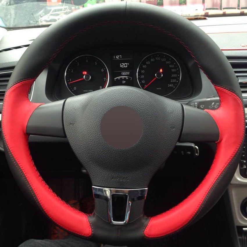 Hand-stitched Black Red Leather Car Steering Wheel Cover for Volkswagen VW Gol Tiguan Passat B7 Passat CC Touran Jetta Mk6