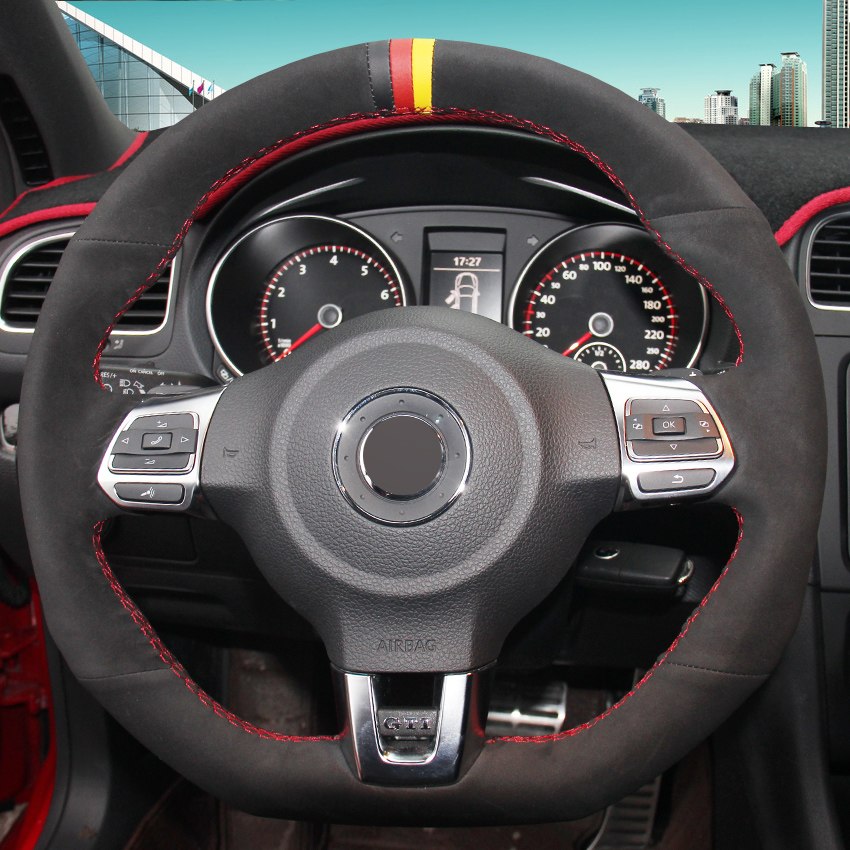 Black Suede Hand-stitched Car Steering Wheel Cover for Volkswagen Golf 6 GTI MK6 VW Polo GTI Scirocco R Passat CC R-Line 2010