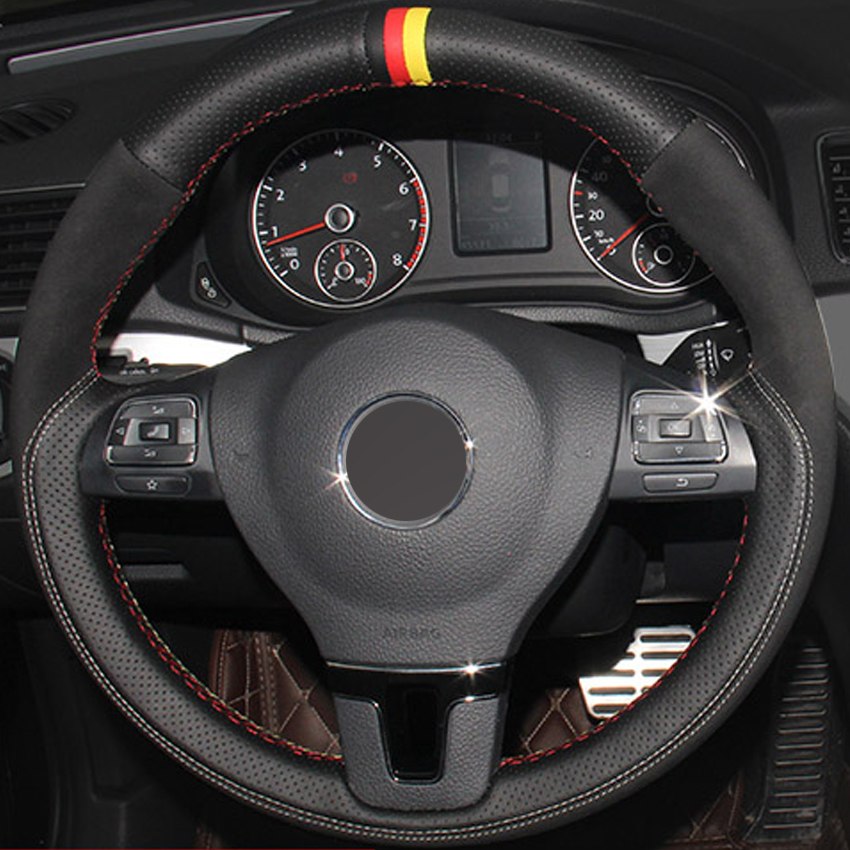 Black Genuine Leathe Suede Car Steering Wheel Cover for Volkswagen VW Gol Tiguan Passat B7 Passat CC Touran Jetta Mk6