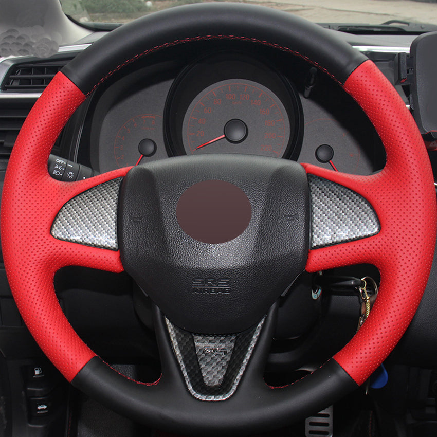 Hand-stitched Black Red Genuine Leather Car Steering Wheel Cover for Honda Fit 2016 2017 New Fit Honda City 2015-2017