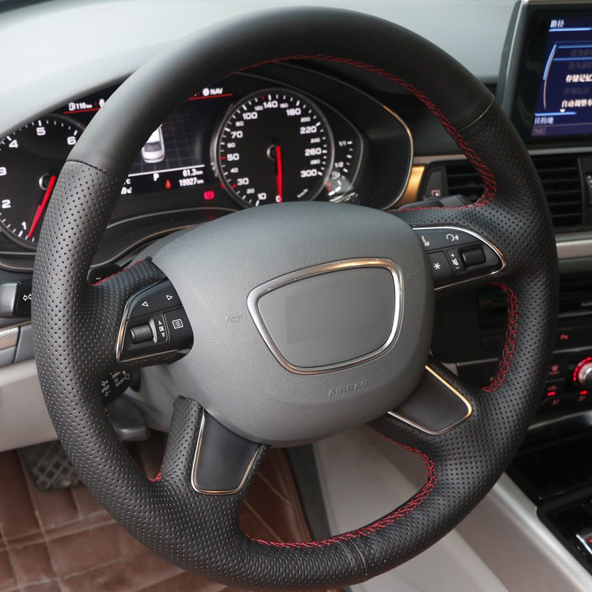 Black Leather Hand-stitched Car Steering Wheel Cover for Audi Q7 2012-2015 Q3 Q5 2013-2016 A4 (B8) 2014 2015 A6 (C7) 2014-2016