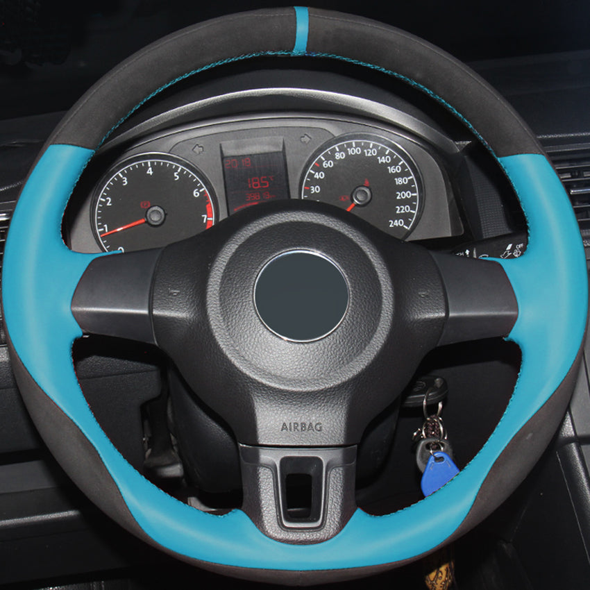 Light Blue Genuine Leathe Black Suede Car Steering Wheel Cover for Volkswagen Golf 6 Mk6 VW Polo Sagitar Bora Santana Jetta MK5